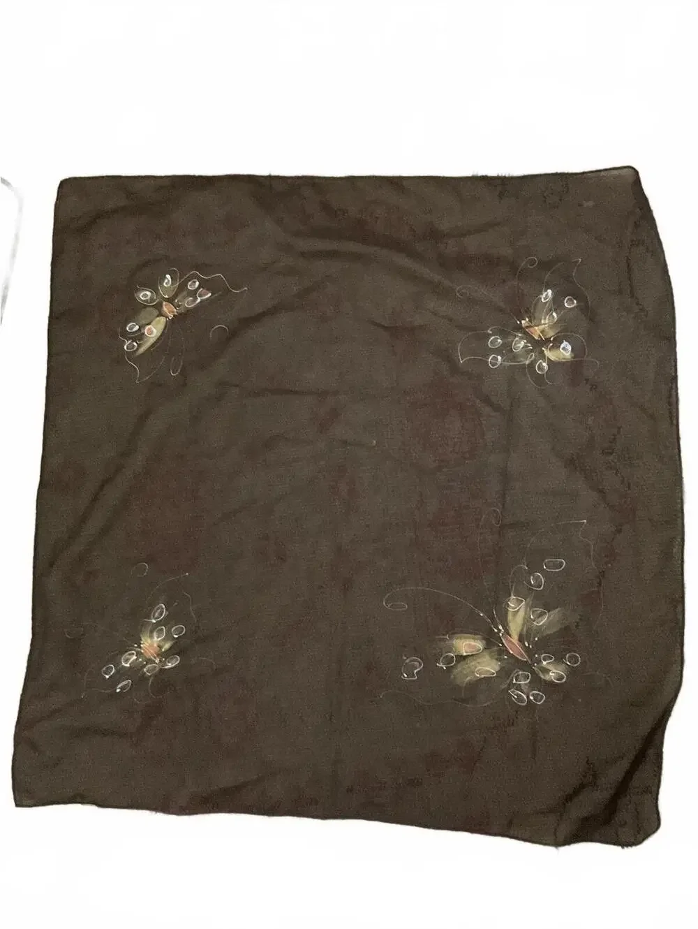 Hand Painted Brown Scarf with Butterfly Design Vintage Fall